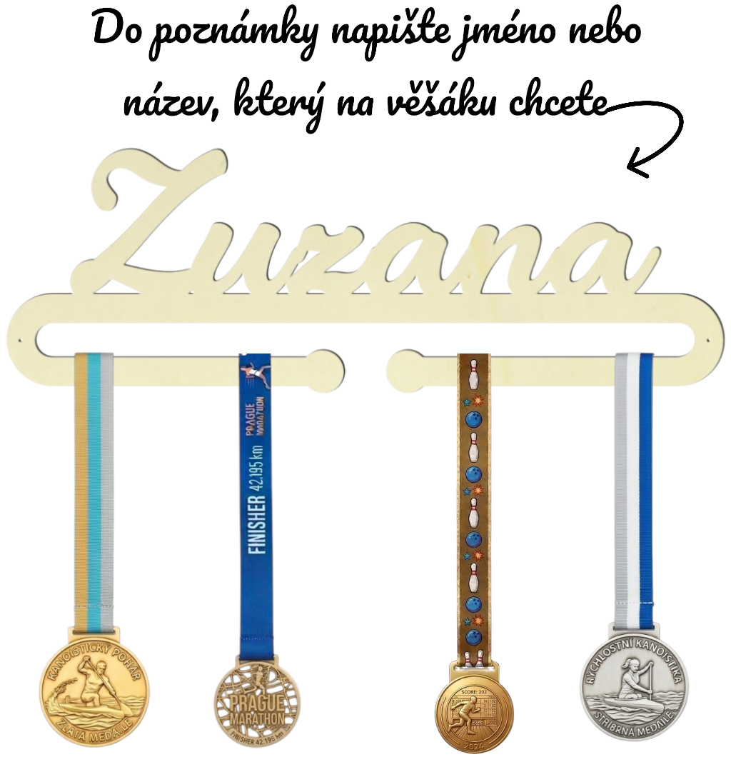 Dřevěný držák na medaile se jménem v psacím písmu – ukázka produktu